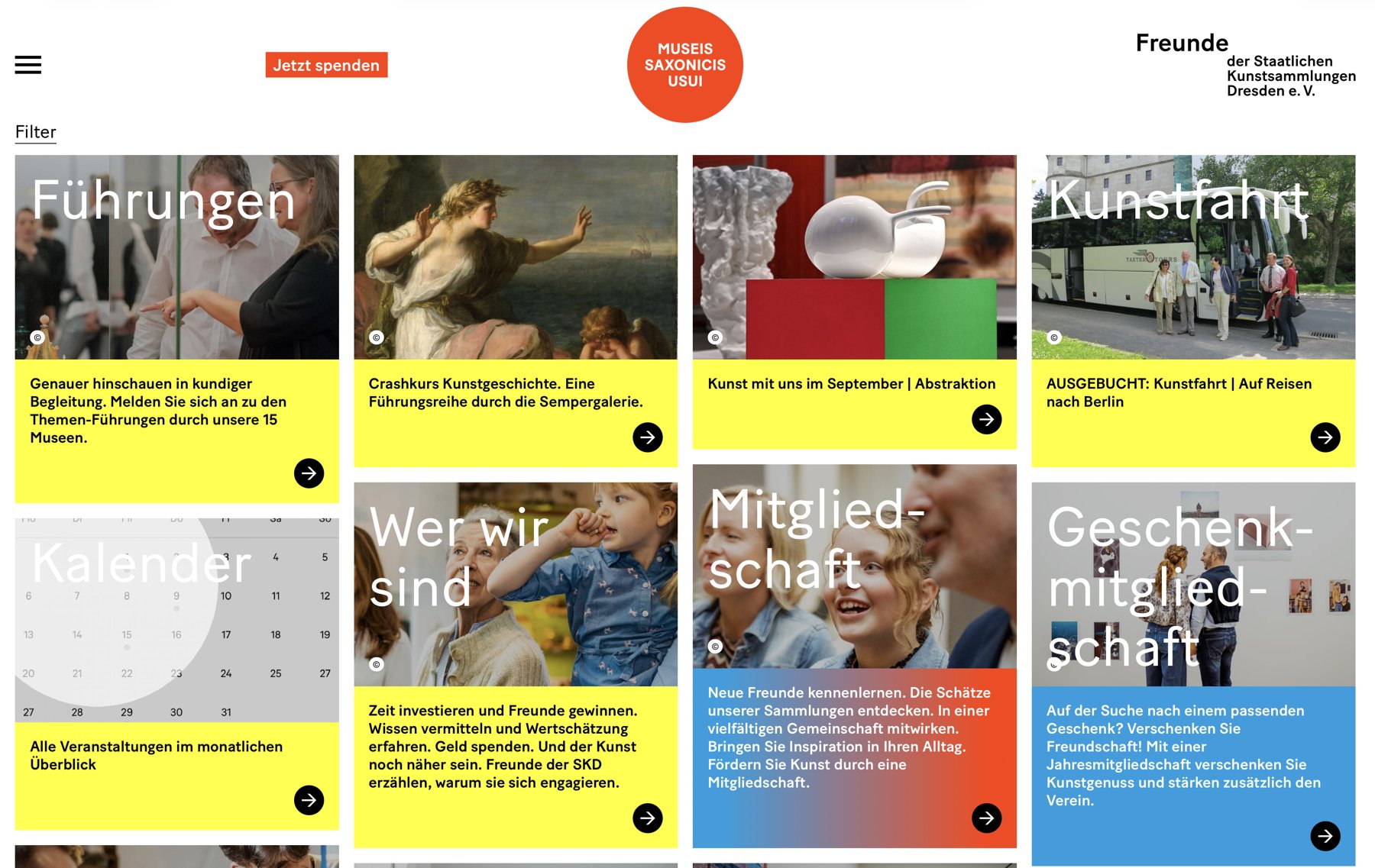 Website der Freunde der Staatlichen Kunstsammlungen Dresden mit farbigen Themenkacheln